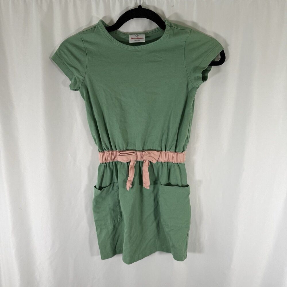 Hanna Andersson Dress Girls 120 Green Short Sleeve Round Neck Pockets Cotton